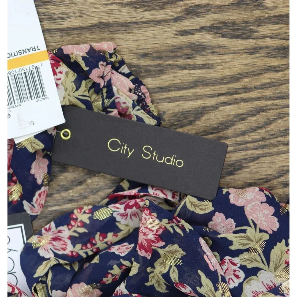 NWT City Studio Square-Neck Fit Flare Shear Lined Dress Navy Blue Multi S